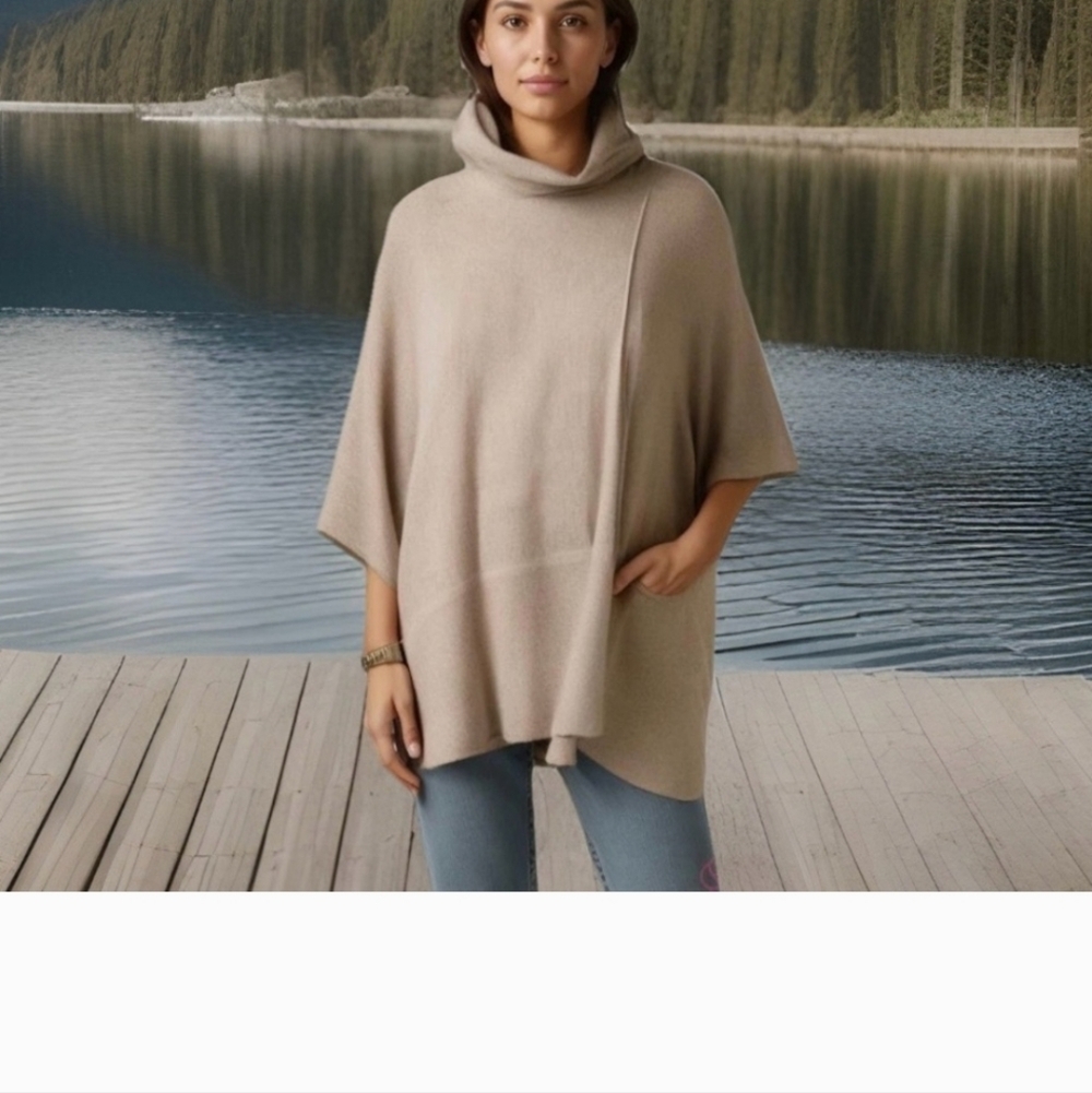 Eileen Fisher Poncho Sweater Womens One Size Beige Wool Yak Open Sides Designer